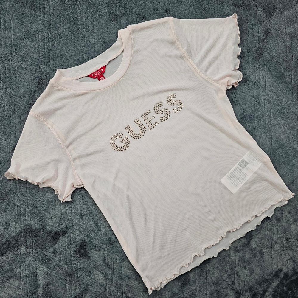 Guess Shirt Womens Medium Sheer Top Pink Rhinestone Logo Lettuce Edge Y2K